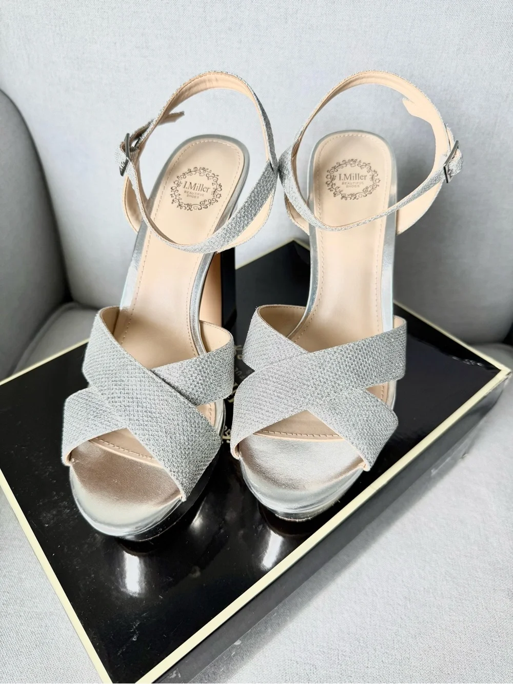 Silver Glitter Platform Sandals with Ankle Strap